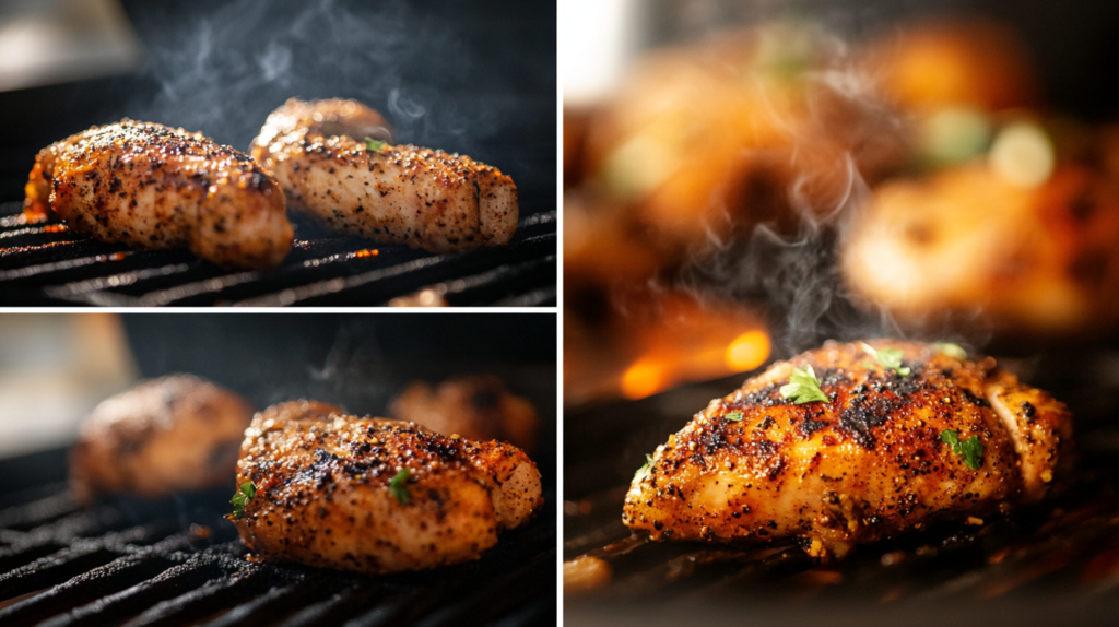 Three-step grilling process showing raw seasoned chicken, grill marks forming, and fully cooked, charred Longhorn-style chicken on a barbecue grill.