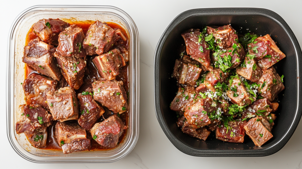 Leftover beef chuck riblets stored in an airtight container and reheated in an oven.