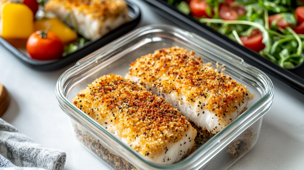 stored panko cod fillets in meal prep container