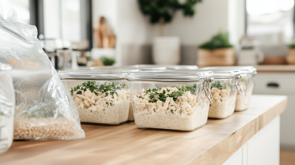 White chicken chili stored in containers for meal prep