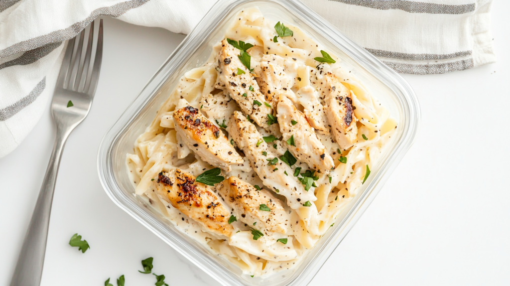 Leftover Bertolli chicken Alfredo in glass storage container