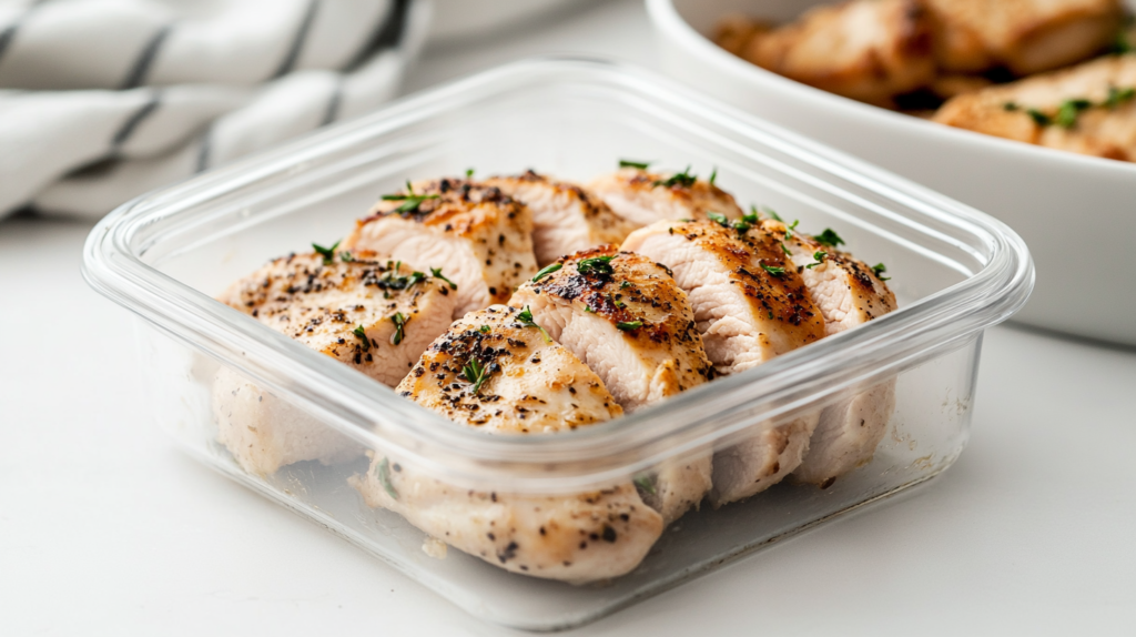 Broiled chicken breast leftovers in storage container