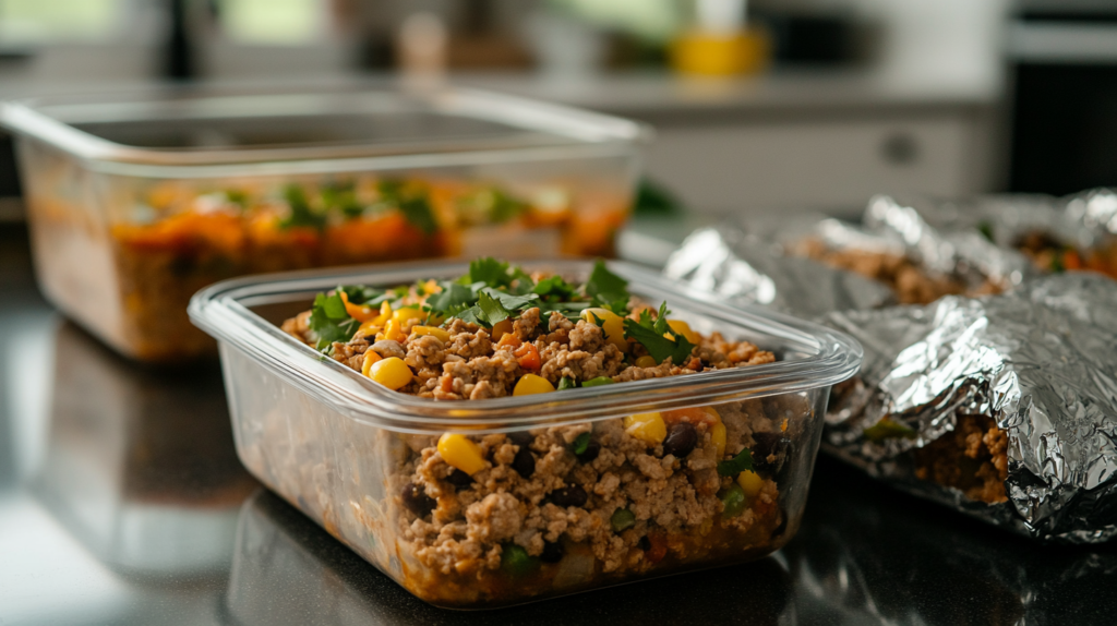 Stored ground turkey taco casserole in meal prep containers