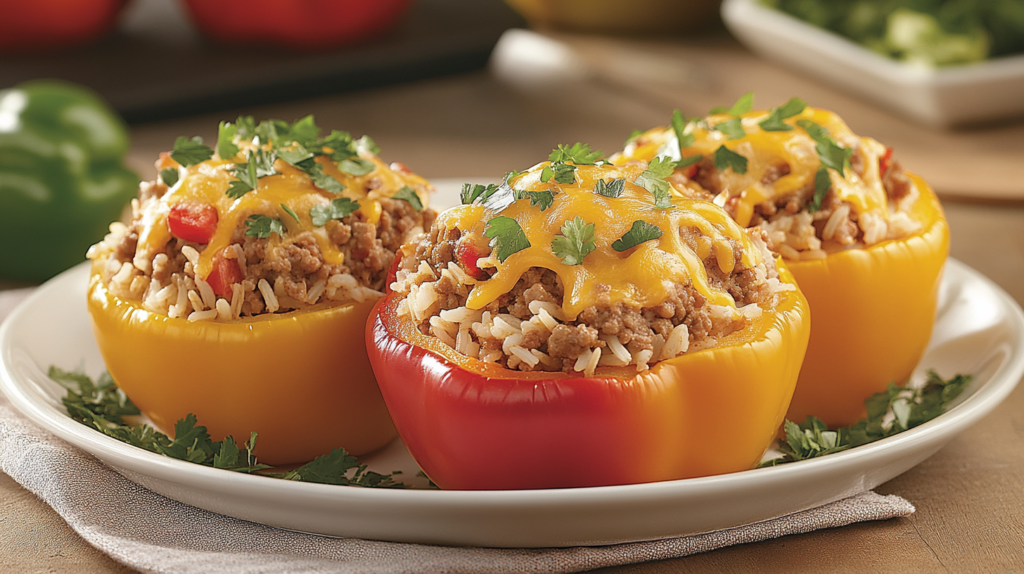 A plate of stuffed bell peppers with beef and rice.