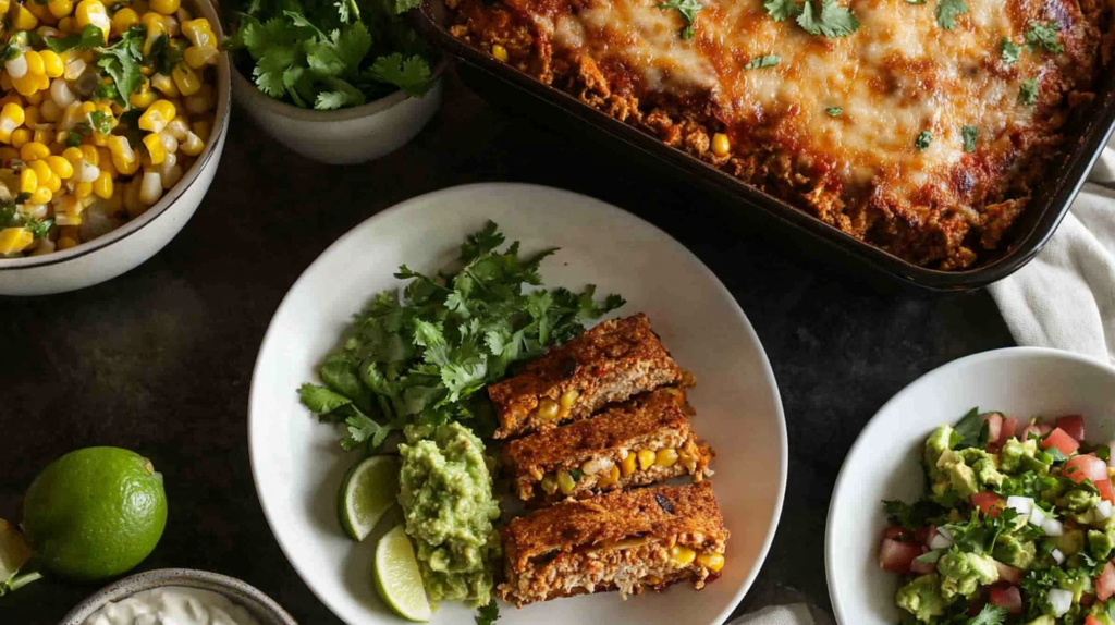 Ground turkey taco casserole plated with fresh side dishes