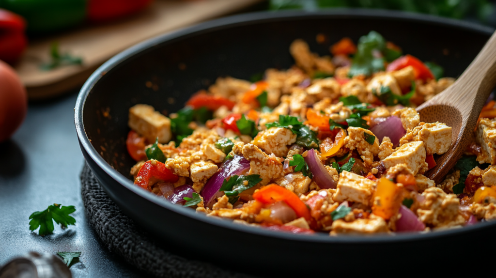 Tofu scramble with vegetables as high protein egg-free breakfast