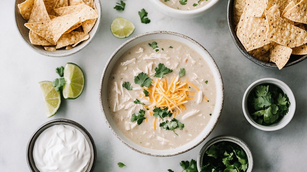 Bush's white chicken chili recipe with topping choices on the side
