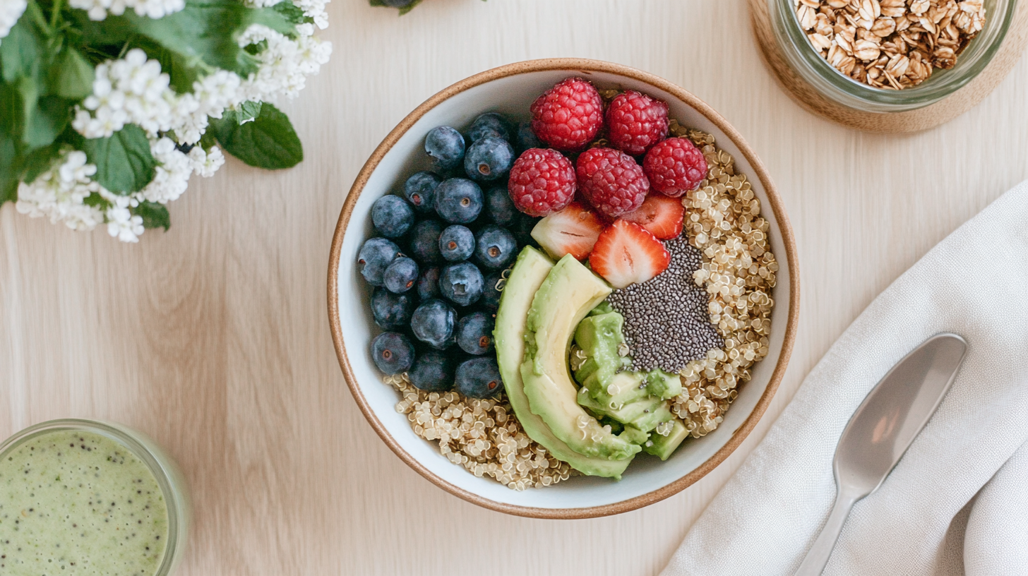 Alkaline breakfast recipes with avocado, smoothie, and quinoa