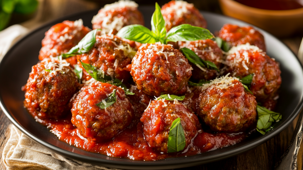 Tender Wagyu ground beef meatballs in marinara sauce with Parmesan cheese.