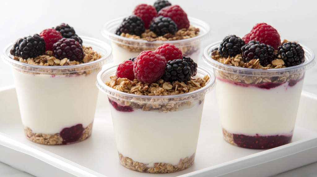 Yogurt parfaits with fruit and granola for potluck