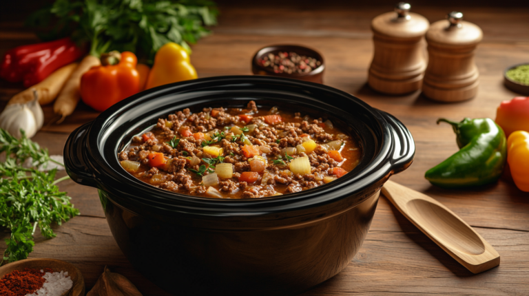 Delicious crock pot ground beef recipe with fresh vegetables and rich flavors.