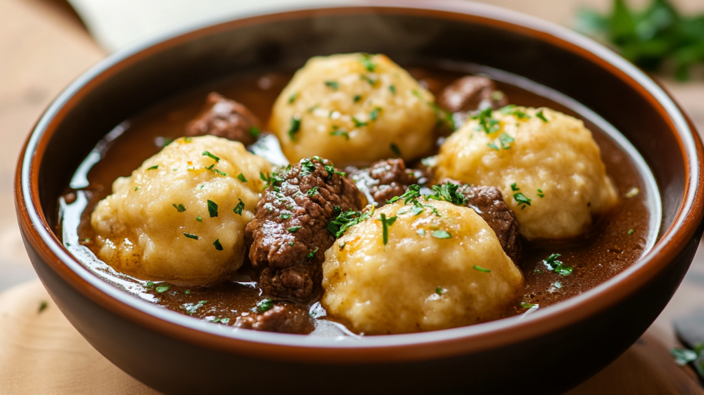 Homemade beef stew with fluffy suet dumplings, a classic comfort food dish