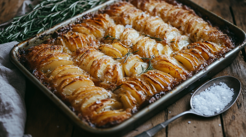 "Crispy roasted potatoes cooked in beef suet, garnished with fresh rosemary for extra flavor.