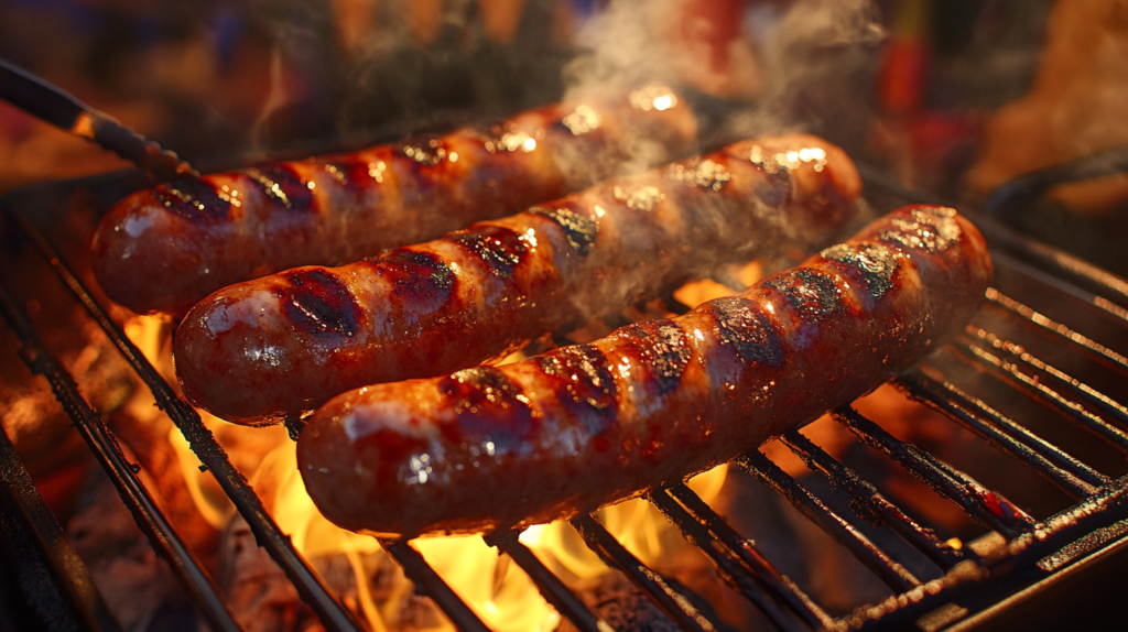 Juicy sausages grilling over an open flame with smoke rising.