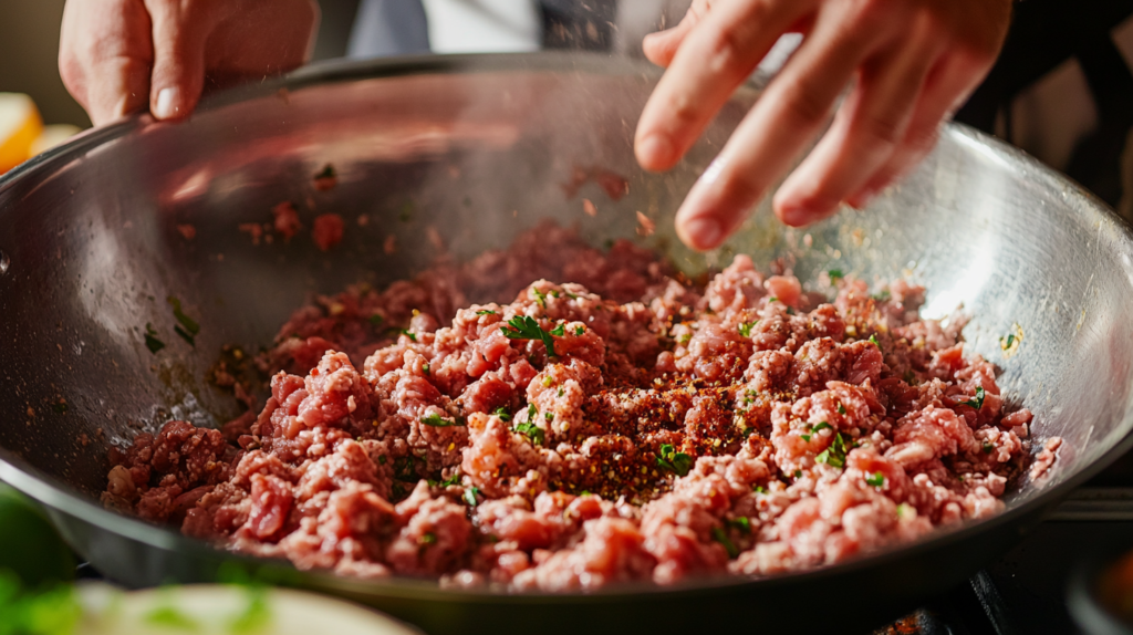 Fresh ground beef being mixed with seasonings for homemade beef sausage.