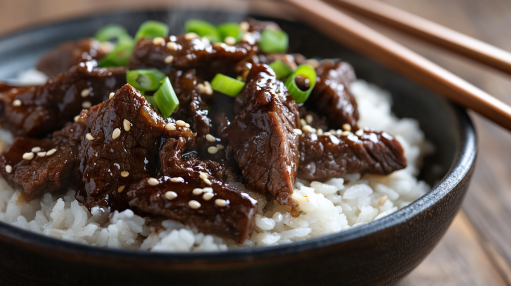 Braised beef tendon served over jasmine rice with soy sauce and green onions.