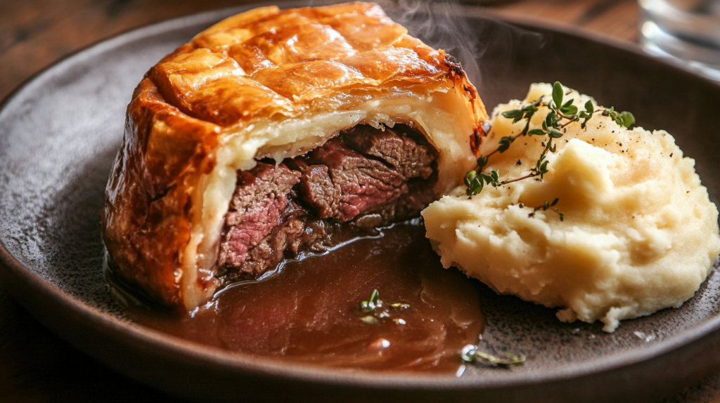 Traditional British steak and kidney pudding with suet pastry, served with mashed potatoes and rich gravy.