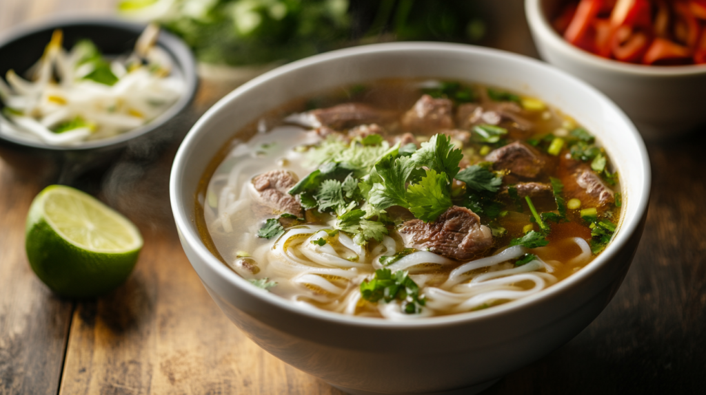 Vietnamese-style beef tendon soup with fresh herbs and rice noodles.