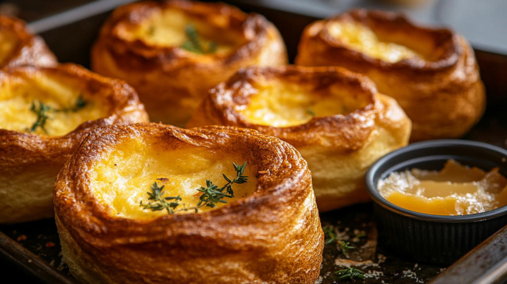 Golden, crispy Yorkshire puddings made with beef suet, perfect for serving with roast beef and gravy.
