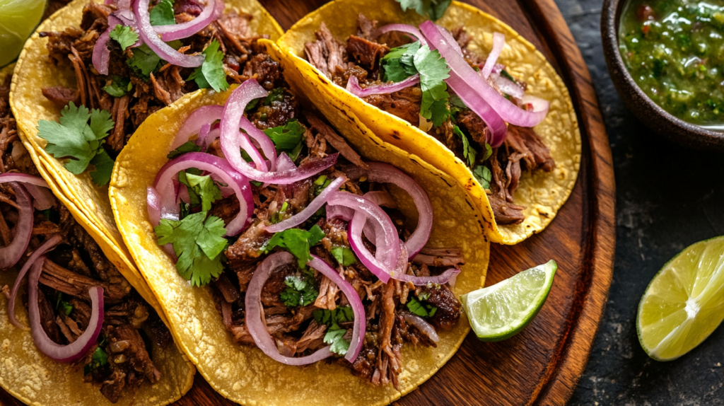 Shredded barbacoa beef cheek tacos with pickled onions and cilantro.