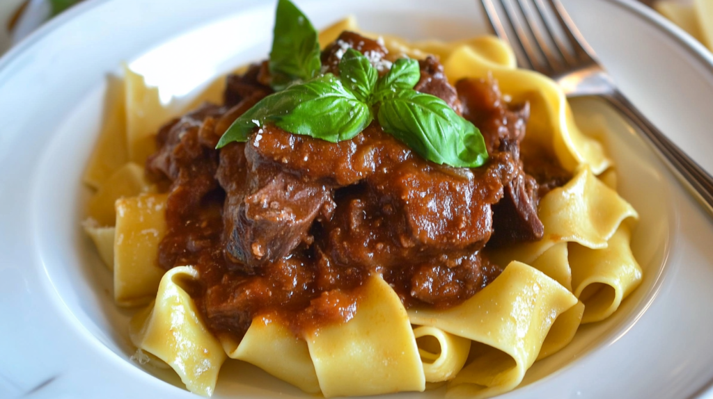 Beef cheek ragu served over pappardelle pasta with basil.