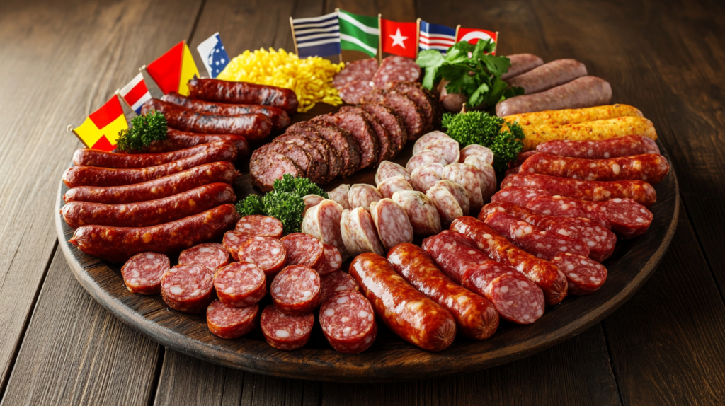 A world display of different types of sausages from various cultures.