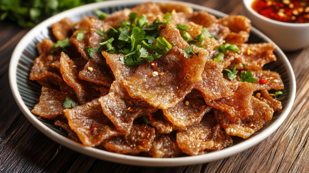 Crispy fried beef tendon with spicy dipping sauce.
