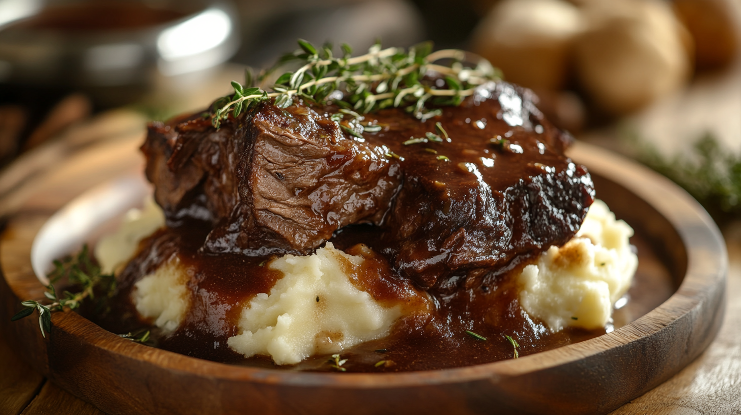Slow-braised beef cheek meat with rich sauce and mashed potatoes.