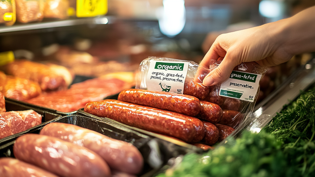 A hand picking out fresh sausages from a butcher’s display.