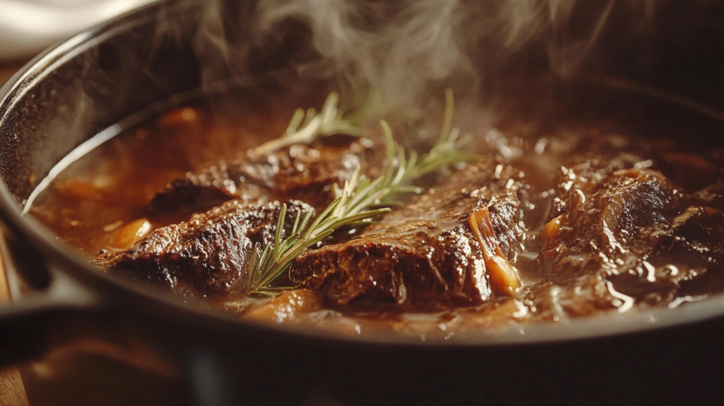 Braised beef cheeks in a rich, dark gravy with vegetables.