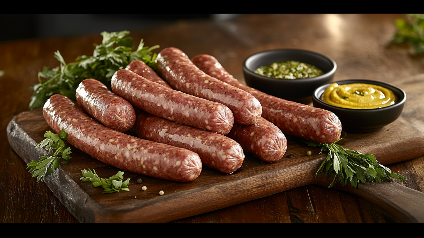 A variety of fresh, grilled, and smoked beef sausages on a wooden board with herbs and mustard.