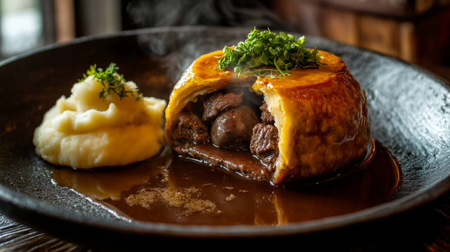 Traditional British steak and kidney pudding with suet pastry, served with mashed potatoes and rich gravy.