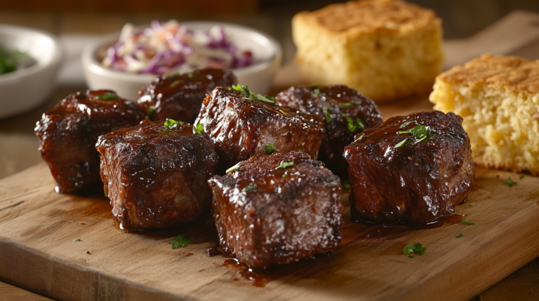 Juicy beef chuck riblets glazed with BBQ sauce, served with coleslaw and cornbread.