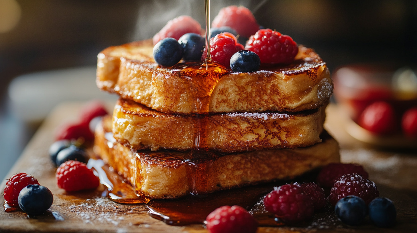 golden-brown protein French toast with berries and syrup
