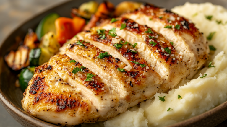 Best longhorn chicken recipe Grilled chicken with a crispy parmesan crust, garnished with parsley, served with mashed potatoes and grilled vegetables on a rustic plate.