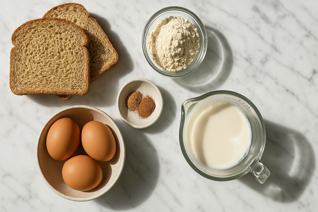 ingredients for making protein French toast on a marble counter