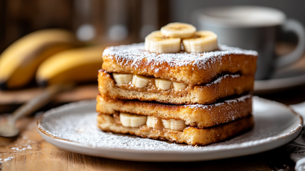 stuffed protein French toast sliced open with peanut butter filling