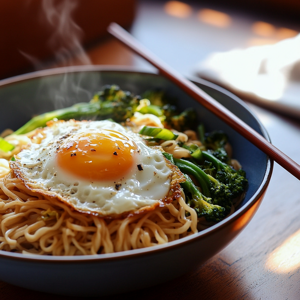 Phat Si-Io recipe served hot with fried egg and Chinese broccoli