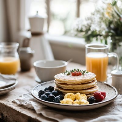 Start Your Day Right with Easy & Delicious Breakfast Recipes A cozy breakfast table with pancakes, eggs, fresh berries, and coffee in a sunlit kitchen