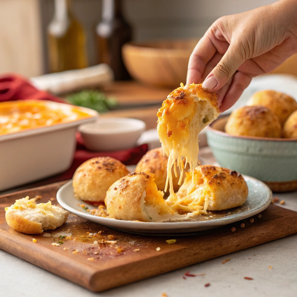 Hand picking up cheesy Iowa party bite with melted filling