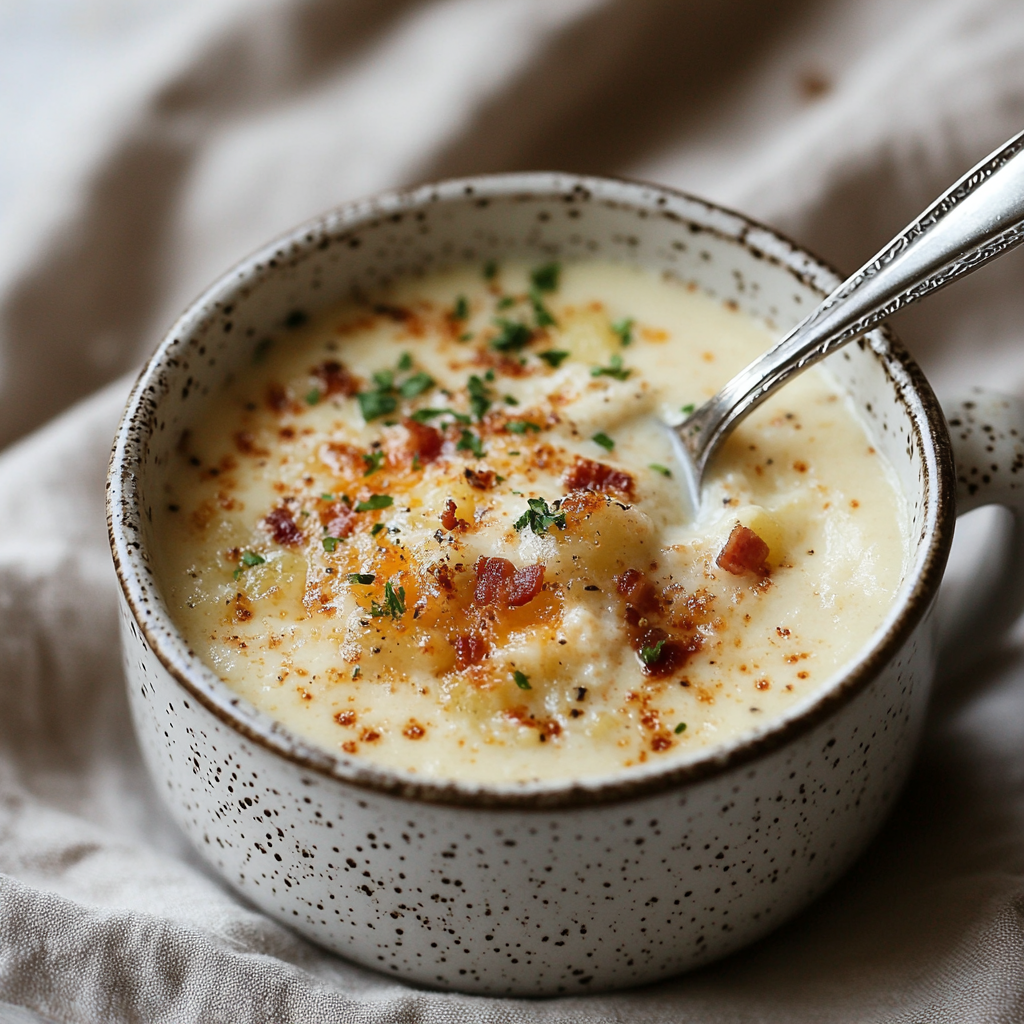 spoonful of Outback potato soup showing creamy texture and toppings