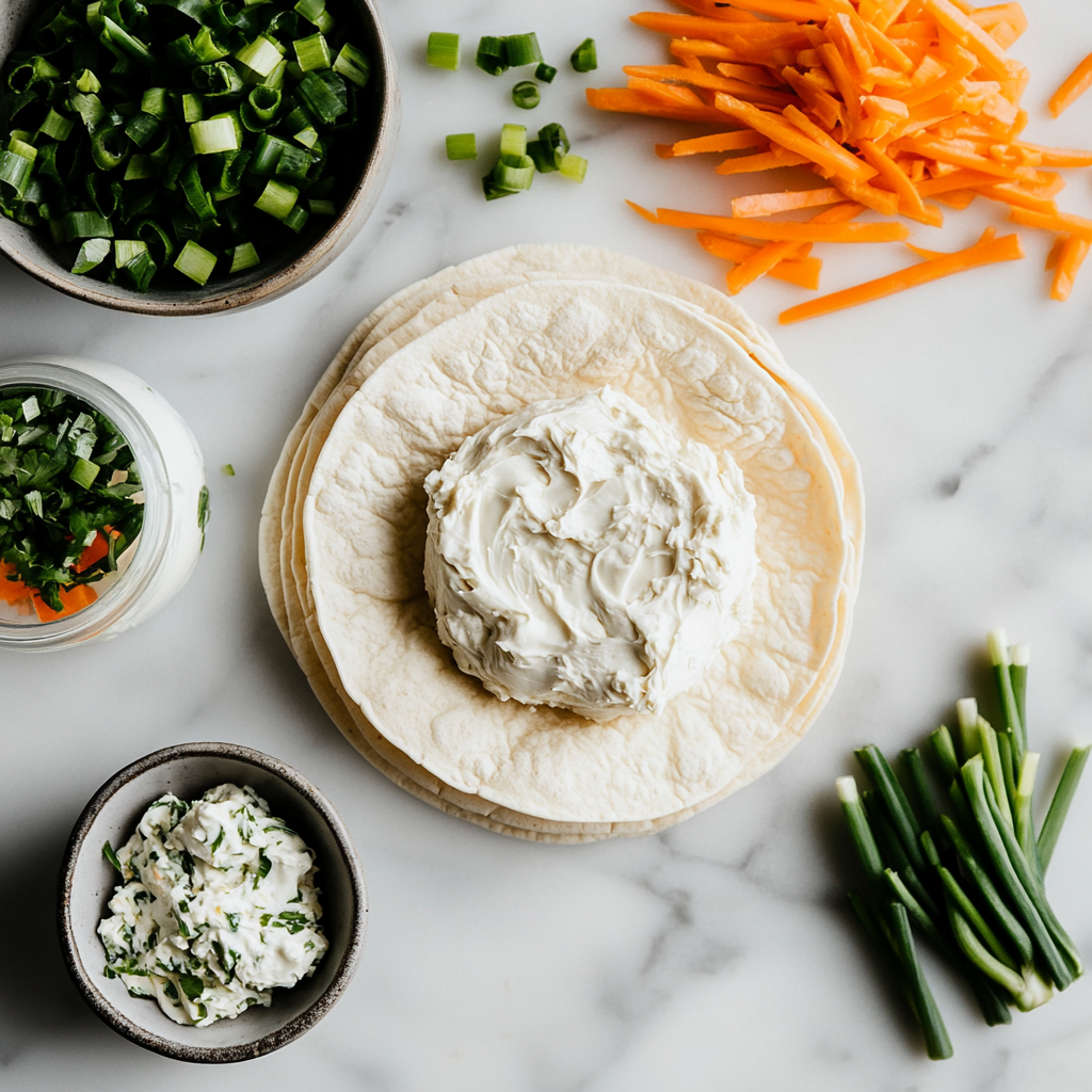 Ingredients for chicken pinwheels recipe laid out flat