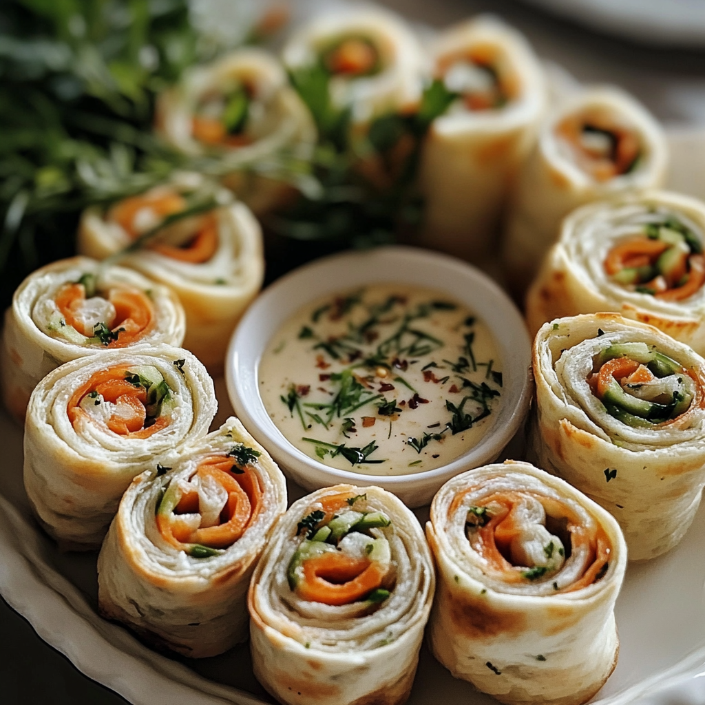Chicken pinwheels on serving tray with dip