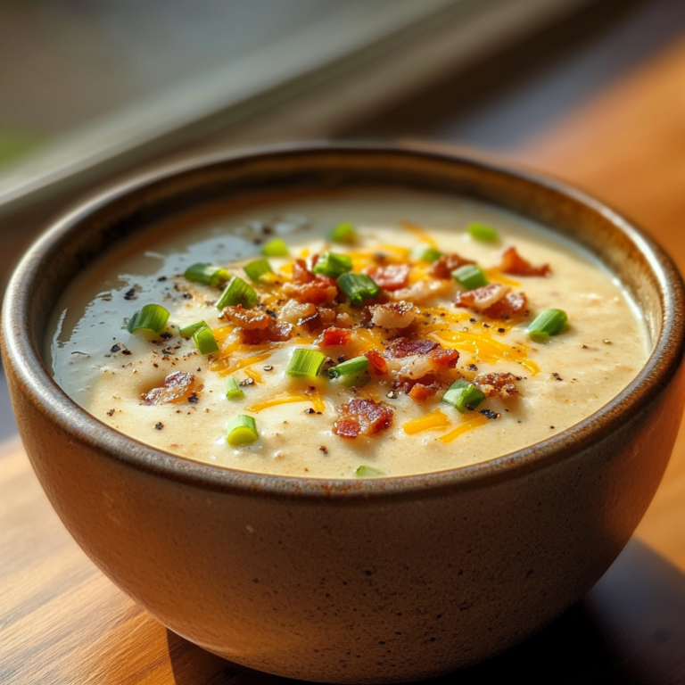 creamy Outback potato soup recipe with bacon, cheese, and green onions in a ceramic bowl