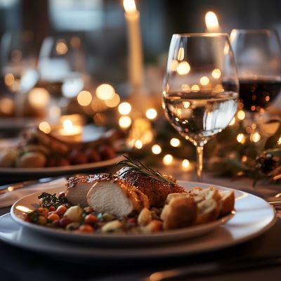 Delicious Dinners to End Your Day with Flavor and Comfort Elegant dinner table with roast chicken, pasta, vegetables, and wine in warm lighting