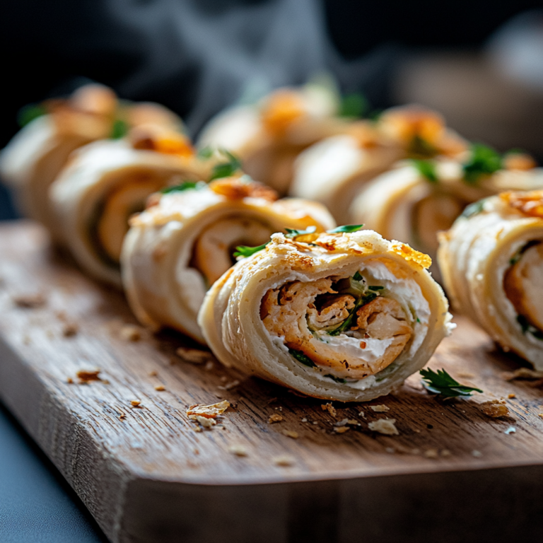 Chicken pinwheels recipe on wooden board with creamy filling