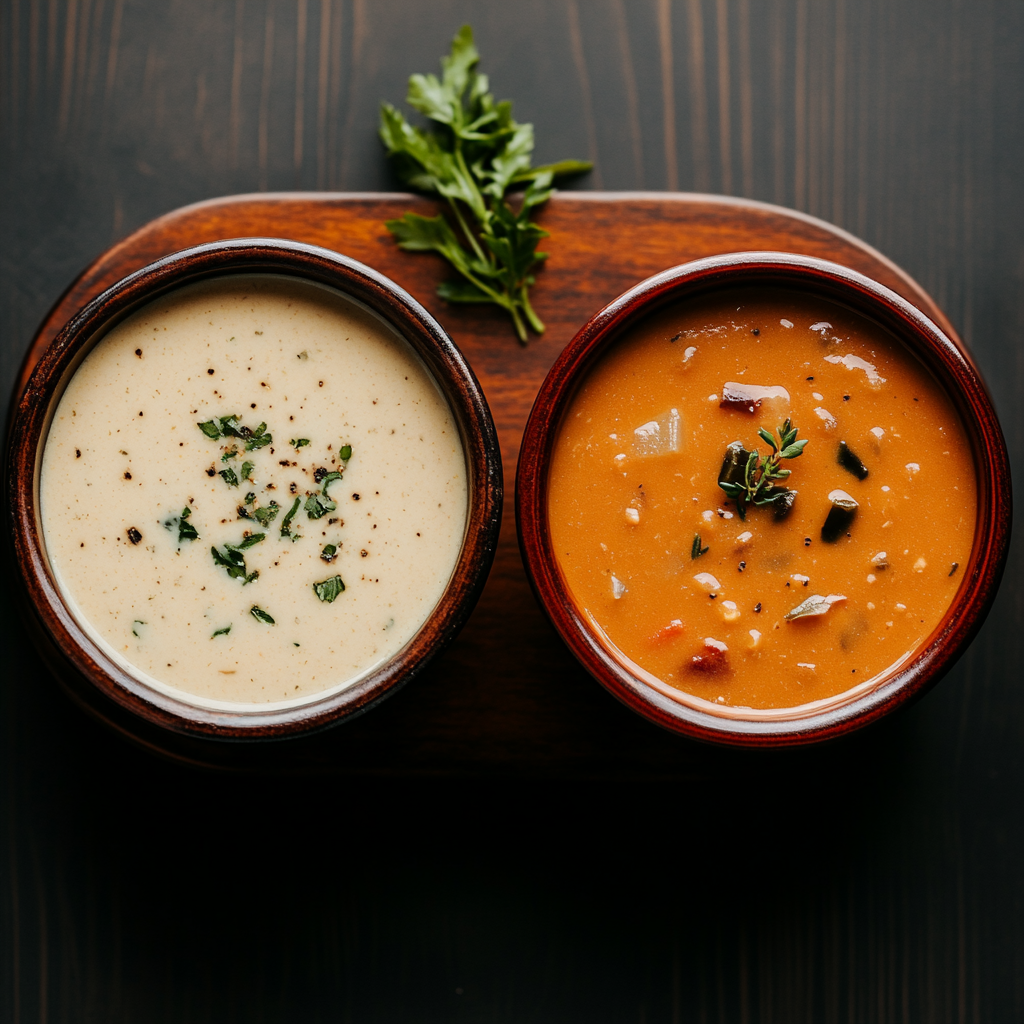 two bowls of Outback-style potato soup with different textures