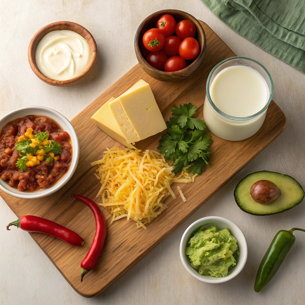 Ingredients for Torchy’s queso recipe including Velveeta, chipotle, and guacamole