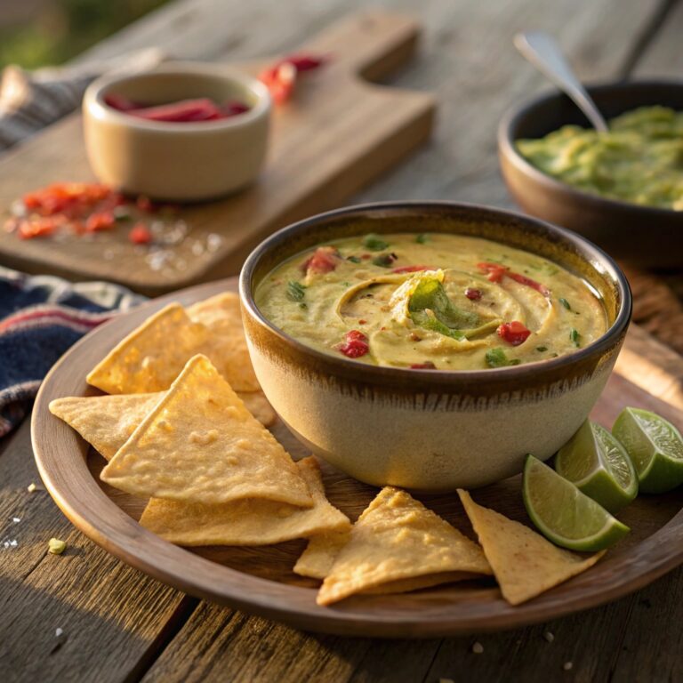 Torchy’s queso recipe in a warm bowl with guacamole swirl and chips
