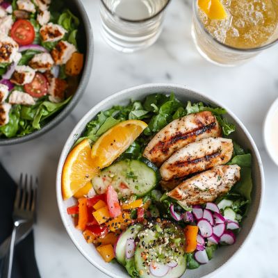 Midday Meals Made Easy – Fresh & Flavorful Lunch Recipes A vibrant lunch spread with salads, wraps, soup, and citrus-infused sparkling water